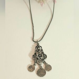 Vintage Matte Silver Floral Turkish Coin Dangle Pendant Necklace 18" Chain